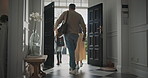 Doors, morning and family leaving home for school and work with goodbye for commuting together. Bags, happy and back of parents walking with girl student for education and career in apartment.