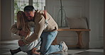 Child, waiting and father at house with hug, anticipation and affection for homecoming. Lonely, daughter and embrace with man for welcome home, greeting family and bonding together for parent arrival