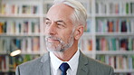 Face, history and thinking with man in library for archives, book collection or research. Idea, information and vision with mature historian in bookstore for fact verification, findings or reflection