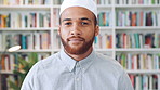 Face, Muslim man and thinking with scholar in library for religious information or study. Idea, inspiration and Islamic person in bookstore for development or research of Arabic culture and language