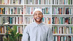 Face, laughing and Muslim man in library as scholar for religious information or study. Funny, happy and Islamic person in bookstore for development or research of Arabic culture and language