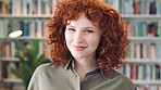 Bookshelf, education and face of happy woman in library for development, learning or research. College, smile and university with student on school campus for information, knowledge or scholarship