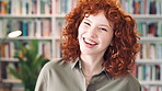 Bookshelf, education and face of woman laughing in library for development, learning or research. College, scholarship or university with funny person on campus for information, knowledge or study