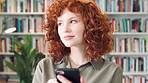 Education, phone and thinking with student woman in library for development, learning or research. College, school or university with thoughtful person on campus for information, knowledge or study