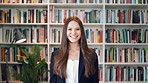 Happy, woman and face of lecturer in library with confidence for career in education by bookshelf. Smile, about us and portrait of female tutor with pride for literature job opportunity at university