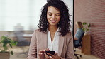 Woman, phone and happy with typing at office, chat and check notification at startup. Person, smile and texting with mobile app, contact and scroll on social network with career at creative agency