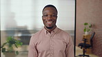 Professional, happy and face of black man in office with confidence for finance career. Smile, job opportunity and portrait of male financial manager with pride for company about us in workplace.