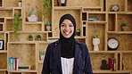 Muslim woman, face and smile with hijab in office, pride and confidence at startup company. Islamic person, traditional scarf and portrait with career, faith and job at creative agency in Kuwait