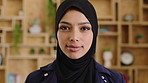 Muslim woman, face and confidence at startup in office for pride, career or hijab at company. Islamic person, traditional scarf and portrait with religion, faith and job at creative agency in Kuwait