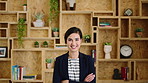 Creative, crossed arms and face of business woman with pride, marketing career and brand manager. Professional, laugh and portrait of person with smile, confident and about us for campaign management