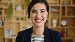 Creative, happy and face of woman in office with confidence for marketing career and brand manager. Professional, laugh and portrait of person with smile, pride and about us for campaign management