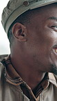 Black man, laughing and talking at cafe on date, friendly chat and discussion for interaction. Happy, male person and conversation at coffee shop for first impression, funny memory and communication