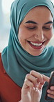 Muslim woman, scroll and smile in office with phone, email notification or good news for digital marketing. Person, reading and tech in agency with positive feedback and happy for online advertising