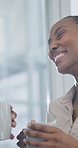Business people, laugh and coffee break in office for discussion, story and drink with gossip. Woman, employee and funny joke in workplace for lunch, conversation and relax with humor and support