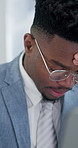 Online, stress and businessman with laptop in office, disappointed and accountant with tax deadline. Unhappy, bookkeeper and black person with headache, mistake and financial crisis in business