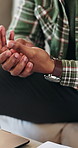 Man, hands and sofa with wrist pain in home for discomfort, muscle tension or fibromyalgia. Male person, sore arm or laptop with injury, arthritis or joint inflammation for carpal tunnel syndrome