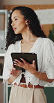 Office, small business and woman on tablet for supply chain, dropshipping and delivery schedule. Startup, ecommerce and person on digital tech for courier supplier, inventory management and logistics