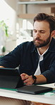 Office, small business and man on tablet for supply chain, dropshipping and delivery schedule. Startup, ecommerce and person on digital tech for online order, inventory management and logistics