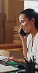Phone call, talking and woman on laptop for shipping, supply chain and logistics for client. Business, ecommerce and person on cellphone for discussion, planning and contact for delivery or inventory
