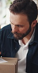 Box, label and man on tablet for shipping, supply chain and delivery info for online orders. Business, ecommerce and person on tech with package for distribution, inventory management and logistics