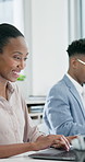 Typing, woman and laptop in office for financial analyst, notification and smile for business. Happy people, bookkeeper and coworking for portfolio development, workspace and investment opportunity