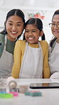 Grandma, mother and girl with selfie in kitchen, connection and baking memory for family bonding. Photography, generations or happy people with child for picture, social media post or support in home