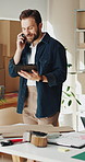 Phone call, office and man on tablet for supply chain, dropshipping and delivery schedule. Startup, ecommerce and person on tech for online contact, inventory management and discussion for orders