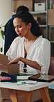 Logistics, woman and packing box in small business for order, dropshipping package and delivery. Supply chain, person and parcel preparation in warehouse for distribution, shipping or courier service