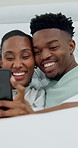 Couple, online and laughing with phone in bedroom, discussion and watching movies with subscription. Happy, black people and streaming funny film on mobile, talking and bonding with partner in house