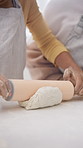 Hands, child and baking in home with dough, learning and culinary skills for homemade cookies. Person, rolling pin and teaching kid at house with pastry, family recipe and supervision for meal prep