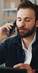 Phone call, office and man on tablet for shipping, supply chain and distribution for client. Business, ecommerce and person on cellphone for discussion, order and contact for delivery and inventory