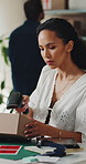 Woman, logistics and scanner with box for small business distribution, inventory or pricing in shop. Female person, distributor or supplier with barcode scan, parcel or package for delivery service