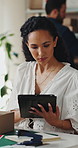 Logistics, scroll and woman with tablet in small business, supply chain or planning for distribution. Entrepreneur, typing and person with tech in startup, ecommerce and stock inventory with scanner