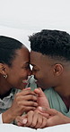 Forehead, touch and black couple in bed for love, bonding and relax together for relationship. Blanket, happy and man with woman in bedroom for connection, affection and marriage on weekend in home