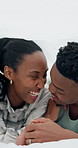 Blanket, laugh and black couple in bed for tickle, bonding and playful relationship on weekend. Marriage, happy and man with woman in bedroom for connection, funny moment and relax together in home