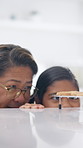 Peeking, family and steal in home with cookies, temptation and playful secret for dessert. Grandmother, child and naughty in kitchen for baking craving, mischief and homemade treats for taste test