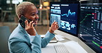 Phone call, computer screen and businesswoman in office at night with finance data, statistics or graphs. Tech, charts and African financial trader on mobile discussion for feedback on stock market.