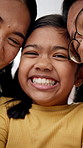 Hug, face and child with mom, grandmother and embrace, bonding and loving relationship in home. Generations, happy and portrait of girl with family for connection, affection and love on weekend
