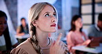 Woman, thinking and listen in classroom at college for study, review and solution with education. Girl, insight and students with attention for learning, scholarship and problem solving at university