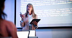 Woman, tablet and lecture with board at college in classroom, remote and coding course for education. Person, IT professor and students with tech, learning and screen for programming in university
