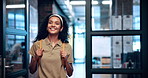 Smile, student and walk with backpack at campus for education, scholarship and journey to class. Happy, woman and learning at university with bag, knowledge and college bursary for academic course