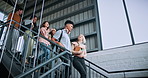 University, walk or friends on stairs with bonding, friendly chat or planning of group project. Conversation, people or students with stroll, peer connection or team update on college assignment.