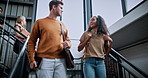 University, walk or friends on steps with bonding, friendly chat or planning of group project. Conversation, people or students with stroll, peer connection or team update on college assignment.