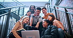 Smile, selfie and students at campus with friends, photography and post for social media. Happy, people and study group at college with peace sign, profile picture update and capture memory for blog