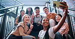 Happy, selfie and students at campus with friends, photography and post for social media. Smile, people and study group at college with peace sign, profile picture update and capture memory for blog