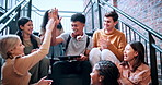 Man, high five and tablet for college student with friends, achievement or happy with applause on stairs. People, group and celebration for results, excited and applause for success with university