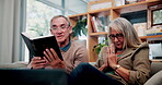Old couple, bible and reading together in home for religion study, bonding or faith for Christianity. Senior people, prayer and holy book for scripture, gospel or spiritual relationship in retirement