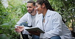 Marijuana, scientist or people with tablet in greenhouse, cultivation report or development inspection. Medical agriculture, smile or team with tech for cannabis research, growth check or discussion