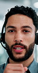 Headset, contact and face of businessman in office with video call for finance proposal. POV, mic and portrait of financial manager on virtual discussion for investment approval in workplace.
