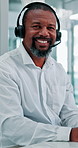 Face, business and black man at call center with headset, consultation and advice for customer service. Portrait, mature person and agent in office with mic, assistance and telecom for client inquiry